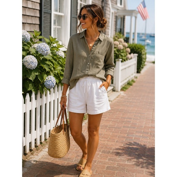 J. Jill Tops - J.Jill Love Linen Button Up Shirt 100% Linen Olive Green Long Sleeve L